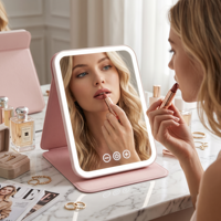 Miroir de table pliable en plastique PU avec éclairage LED, 3 couleurs réglables, portable pour le voyage, vente en gros