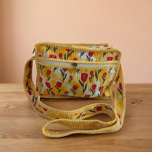Nouveaux sacs en coton écologiques de couleur jaune, légers, sacs de shopping d'été, sacs à bandoulière faits à la main, imprimés en bloc, matelassés, sacs pratiques avec poches - Product Image 3