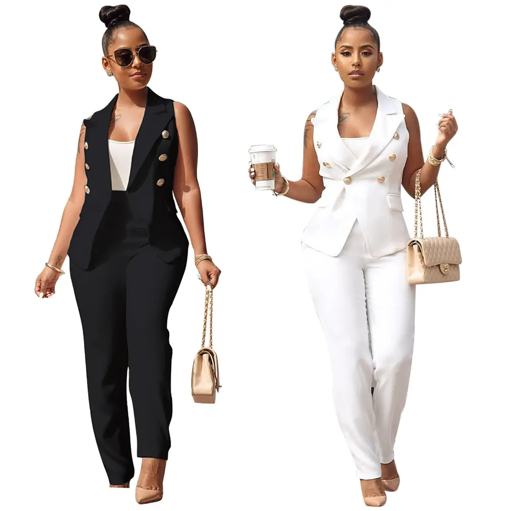 2022 Women Summer Sleeveless Notch Neck Blazers Long Pants Suit Two Piece Set Vintage Office Lady Tracksuit Outfit Overall