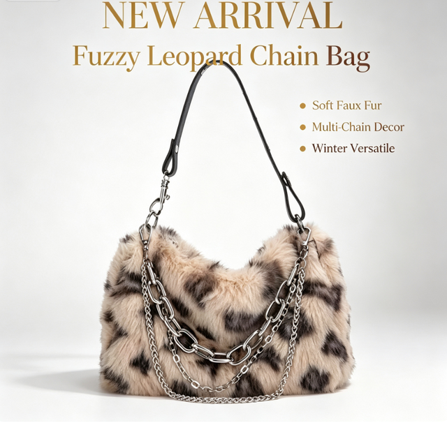 Leopard Print Faux Fur Shoulder Bag Winter New Arrival Multi Chain Decor Fluffy Hobo Bag Women Casual Versatile Crossbody Purse