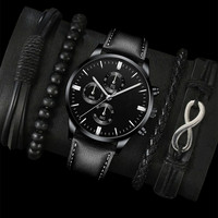 Pulseras de Cuero Tejidas con Cuentas de Estilo Retro, Reloj con Movimiento Electrónico, Conjunto de Joyería para Hombre