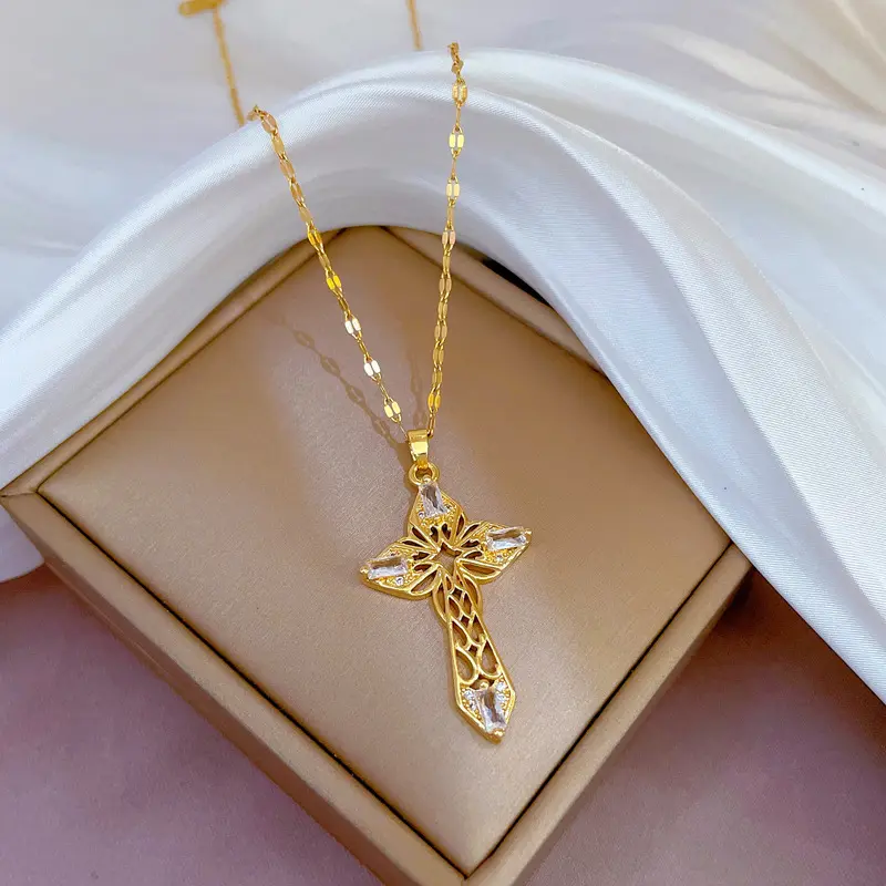 Kalung liontin salib zirkon rantai baja tahan karat emas 18K antik mewah kalung Choker berkilau wanita perhiasan untuk hadiah