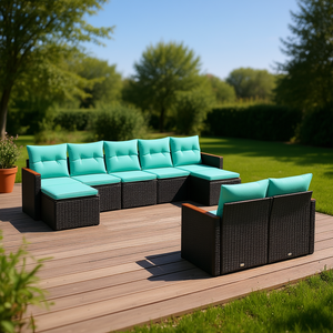 Set di divani da patio in polyrattan nero con cuscini, 9 pezzi, mobili da esterno, design contemporaneo, stile moderno - Product Image 2