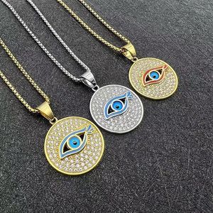 Collier pendentif œil bleu en acier inoxydable, serti pavé, rond, bijoux unisexe, cadeau DZ305B - Product Image 1