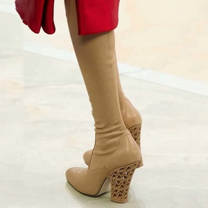 Retro Style Women Stretch Leather Knee High <b>Boots</b> Round Toe Cut Out Chunky Heels Shoes Girl's Side Zipper Long Booties - Product Image 2