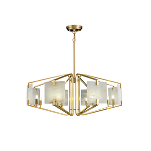 Lámpara de Araña Hexagonal Moderna de Acero Inoxidable con Pantallas de Alabastro Natural, Acabado Dorado Elegante para Interiores de Lujo - Product Image 1