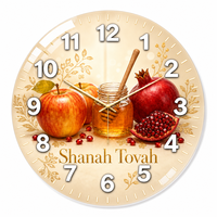 Horloge murale en verre ronde de 30 cm avec cadran imprimé Rosh Hashanah W