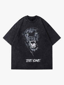 T-shirt noir surdimensionné pour homme avec imprimé panthère, style streetwear, manches courtes, col rond, jersey de coton, logo The One sur le devant - Product Image 1