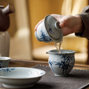 Guanlan Hand Painted Blue Bamboo Gaiwan Porcelain <b>Tea</b> <b>Set</b> With Lid For Kung Fu <b>Tea</b> Ceremony Home Use - Product Image 2