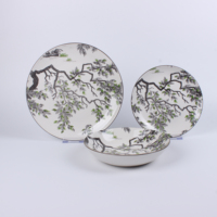 Service de table en céramique paysage à l'encre de Chine, ensemble de 3 pièces, assiettes empilables et bol profond à motif de branche d'arbre séchée vintage