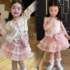 Girls Korean Style Floral <b>Cardigan</b> Skirt Set Cotton Three Piece <b>Spring</b> Outfit For Kids - Product Image 1