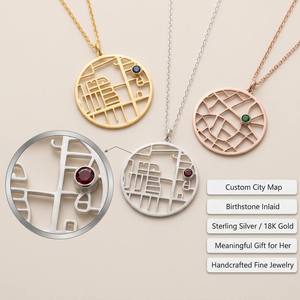 Kalung Peta Kustom, Kalung Peta Kota dengan Batu Kelahiran, Lapisan Emas 18K, Baja Anti Karat, Liontin Mungil, Hadiah Kenang-kenangan - Product Image 2