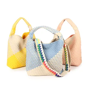 New Arrival Neoprene Fabric Woven Tote Bag Large Neoprene Beach Bag Purse Weave Handbag With Neoprene Small Pouch