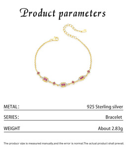 S925 silver Women's 18K Solid Gold Ruby <b>Bracelet</b> With Baguette Cut Diamonds Geometric Chain Link Classic Everyday Wear - Product Image 2