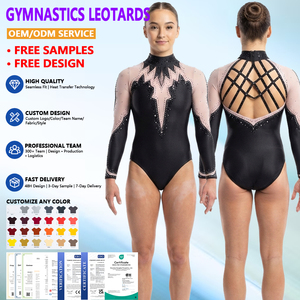 Justaucorps de gymnastique noir à manches longues, col montant, strass, maille, compétition, certifié OEKO-TEX, livraison en 7 jours, conception gratuite, échantillon gratuit, vente en gros - Product Image 1