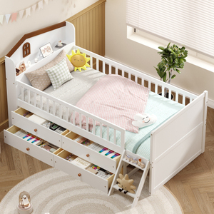 Modern Twin <b>Bed</b> <b>Frame</b> Storage 4 Drawers Solid <b>Pine</b> Wood Kids Platform Twin <b>Bed</b> Guardrail Headboard Ladder Bedroom Eco-Friendly - Product Image 2