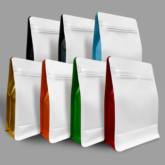En Stock, papel de aluminio colorido, ocho sellos laterales, bolsas de café personalizadas, bolsas con cremallera, cierre de cremallera, bolsas de té de café de fondo plano