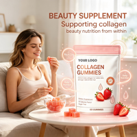 Complément de beauté végétalien : Gommes de collagène marin avec acide hyaluronique, saveur fraise, pour la santé de la peau et la croissance des cheveux, 90 unités