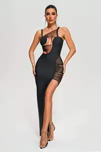 Bella Barnett Spaghetti Strap Black Sexy High Slit Mesh Maxi Cocktail Bandage Party Bodycon Black Dresses Women
