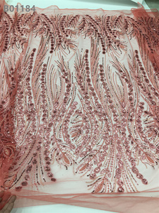 Tela de encaje con cuentas florales bordadas en rosa rubor tela de encaje de boda de lujo nigeriano - Product Image 2