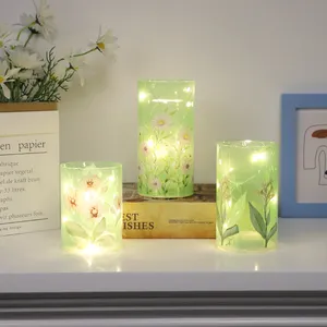 Dekorasi meja Keselamatan rumah silinder dioperasikan baterai bunga kaca hijau tanpa risiko api terima kustomisasi