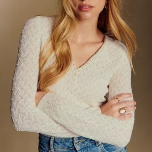 Country-estilo outono/inverno algodão orgânico feminino enganchado bordado abotoado malha Openwork Drawstring Belled gola Top - Product Image 4