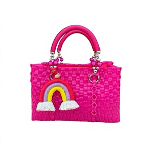 Handmade Hot Pink Woven Plastic <b>Straw</b> Tote <b>Bag</b> Stylish Summer Beach Handbag Women Beaded Handles Rainbow Charms Cute <b>Shopper</b> <b>Bag</b> - Product Image 1