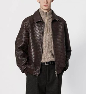 Giacca Bomber Corta in <span class=keywords><strong>Pelle</strong></span> Intrecciata per Uomo, Collo Alto Personalizzato, Zip Integrale, <span class=keywords><strong>Cappotto</strong></span> Casual in Vera <span class=keywords><strong>Pelle</strong></span> - Product Image 2