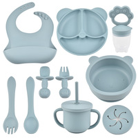 Bavoir en silicone pour bébé en gros, ensemble d'ustensiles d'alimentation pour bébé en silicone, cuillère et fourchette souples, distributeur de fruits, bavoir/assiette/bol sans BPA