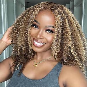 Perruques en dentelle frontale afro bouclées, décolorées, crépues, cheveux vierges, longueur moyenne, couleur brun/<span class=keywords><strong>blond</strong></span>, 0,2 kg - Product Image 3