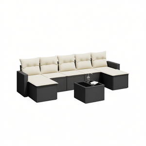 Ensemble de canapés en rotin d'extérieur moderne avec coussins crème, meubles de jardin en PE tressé noir, design contemporain imperméable - Product Image 1