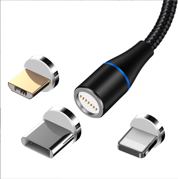1M Braided Nylon 3A Magnetic LED Light Fast Charging 3-in-1 Data Cable for Android & IOS Micro USB & Power Bank