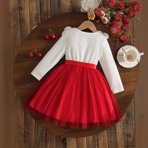 Robe de soirée élégante pour fillettes, rouge en tulle, style preppy, à manches longues, avec motifs floraux blancs, tenue d'anniversaire pour tout-petits, avec nœud à la taille, spéciale - Product Image 3
