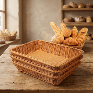 Panier de rangement en rotin plastique PP tissé à la main, design flexible, pour la cuisine, les légumes, les fruits, le pain, la boulangerie et l'affichage en supermarché - Product Image 2