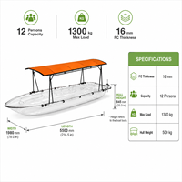 Bateau de tourisme transparent en polycarbonate 12 places avec auvent et support moteur pour excursions lacustres, stations balnéaires et attractions aquatiques