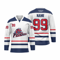 Jersey Hoki Es Tim Kustom OEM, Pemrosesan Sublimasi Penuh, Pakaian Olahraga Bernapas untuk Latihan dan Kompetisi