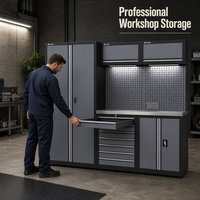 Armoire à outils de garage double compartiment avec poste de travail au design moderne, serrure à clé, rangement à panneaux perforés, prise électrique, capacité de charge de 500 kg