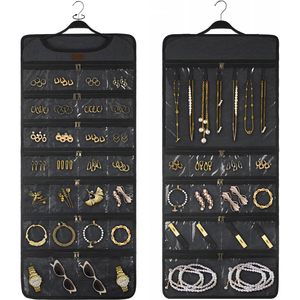 Organisateur de bijoux suspendu en toile double face avec poches zippées pour colliers, boucles d'oreilles, rangement pour femmes - Product Image 1