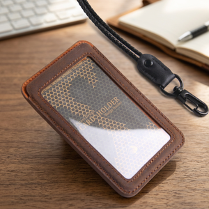 Porte-cartes d'identité/crédit en cuir véritable personnalisé, portefeuille portable avec clip métallique et cordon pour le bureau, sérigraphie - Product Image 4