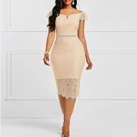 Nouvelle Mode Robe de Soirée Décontractée Femme Sans Manches Épaules Dénudées à Fermeture Éclair au Dos en Dentelle Coupe Crayon Ajustée