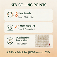 Coussin chauffant électrique pratique en fausse fourrure de lapin, USB 5V 2A, avec arrêt automatique, idéal pour les utilisateurs quotidiens en intérieur, cadeau chauffant pour l'hiver