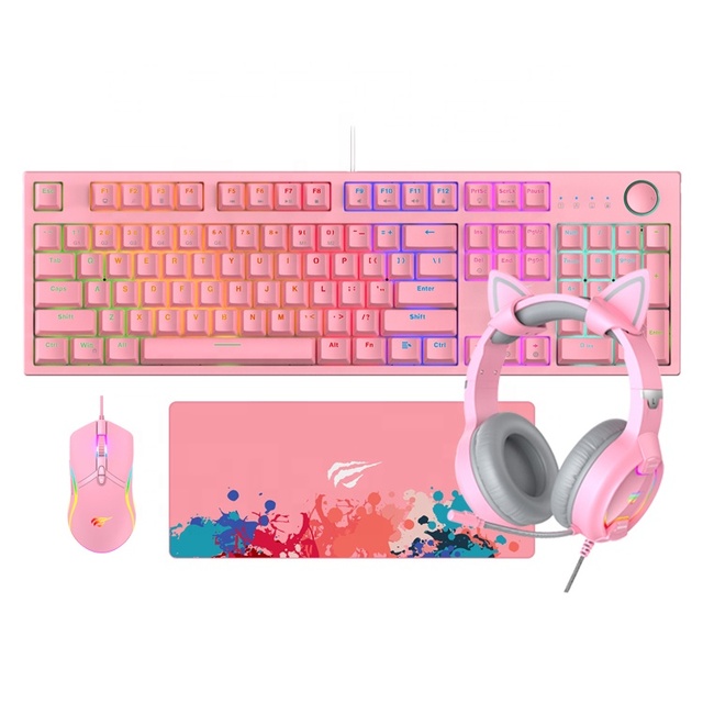 Kb868Cm Havit Pink 4Pcs Mouse Y Teclados Gamer Gaming Kit 4 in 1 Backlit Rgb Headphone Keyboard and Mouse Combo Gaming