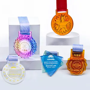 Medalhas esportivas de design barato, alta qualidade, personalizada, diy, cristal colorido, vidro de vidro, troféu, medalhas transparentes