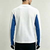 T-shirts thermiques pour hommes à manches longues, coupe carrée, respirants, anti-boulochage, imprimés sérigraphiés, style streetwear, motif patchwork blanc et bleu