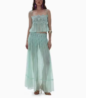 Ensemble deux pièces camisole et jupe en mousseline de soie style bohème 2026 pour femme – Nouveauté été, sexy, dentelle, couleur unie, idéal plage et villégiature