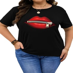 Camiseta con estampado de labios y cremallera, camiseta de manga corta con cuello redondo, camisetas informales para todos los días, ropa de mujer - Product Image 5