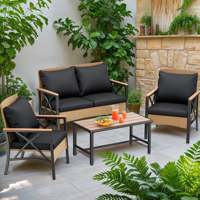 Ensemble de canapés modernes d'extérieur en rotin PE tressé, résistant, imperméable et lavable, avec table basse en fer à grain de bois imitation, pour patio – Vente chaude