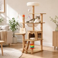 Arbre à chat rectangulaire en bois et sisal, multi-niveaux, durable, antidérapant, mignon, emballé en carton pour intérieur