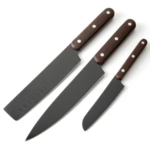 Set di coltelli da cuoco in acciaio inossidabile da 3 pezzi mini coltello con rivestimento nero su superficie e buon manico wengé