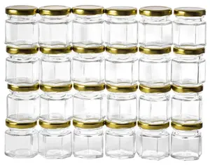 Anufacturer-Mini frasco de vidrio hexagonal con tapa de tornillo de metal dorado, tarro de comida fría y caliente con tapas, 4 oz